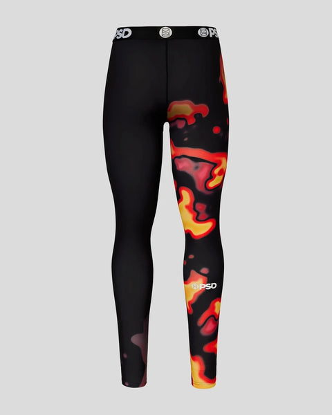 Black thermal tights with red and yellow heat-pattern print on right leg and elastic waistband with branding.