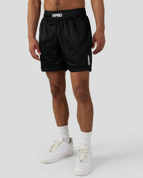 Black mesh athletic shorts with PSD waistband and side logo detail.