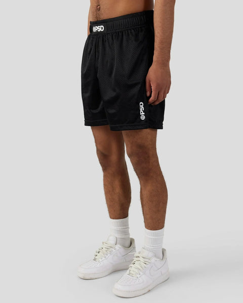 Black mesh athletic short with elastic waistband and branded logo details on waist and leg.