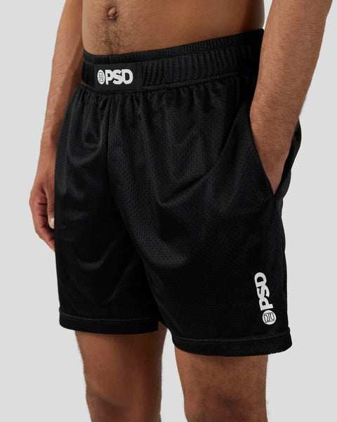 Black mesh athletic shorts with PSD branding on elastic waistband and leg, featuring side pockets.