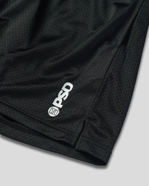 Black perforated athletic short with white brand logo on leg.