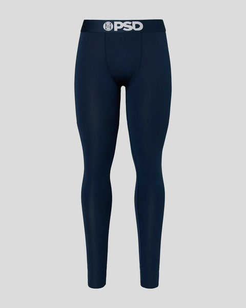 Navy blue tight-fitting leggings with PSD waistband logo.