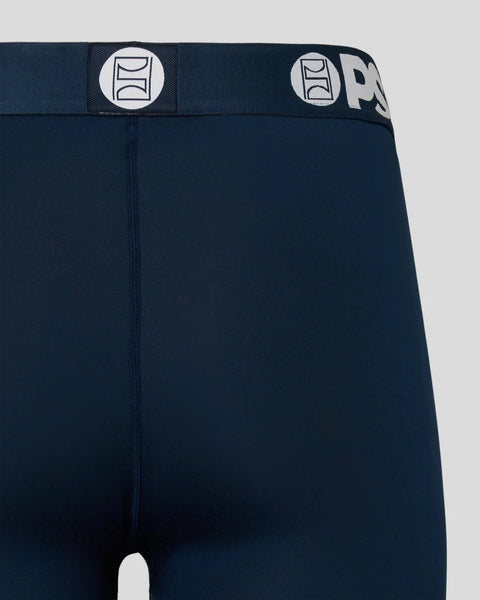 Navy athletic tights with branded waistband and center seam detail.