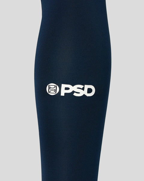 Navy ribbed legging with white PSD logo on thigh.