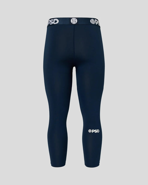Navy blue 3/4 length compression tights with branded waistband and leg logos.