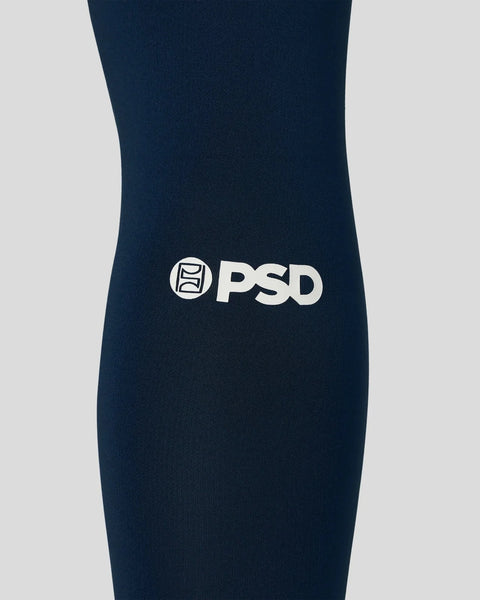 Navy ribbed 3/4 length tight with white PSD logo on front.