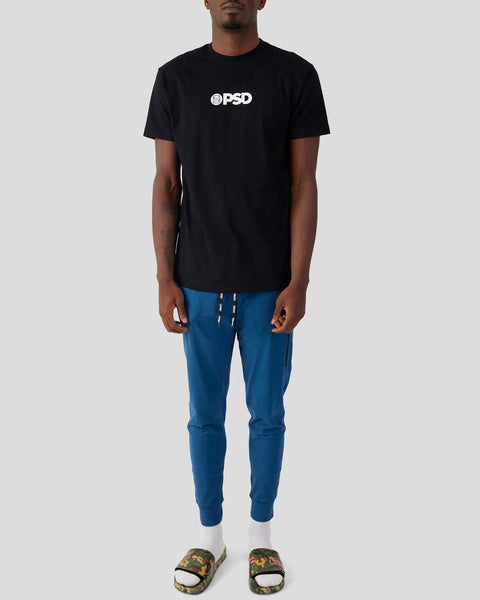 Black crewneck t-shirt with white PSD logo print on chest.