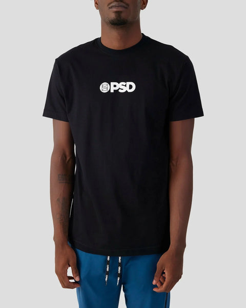 Black short-sleeve t-shirt with white PSD logo print on chest.
