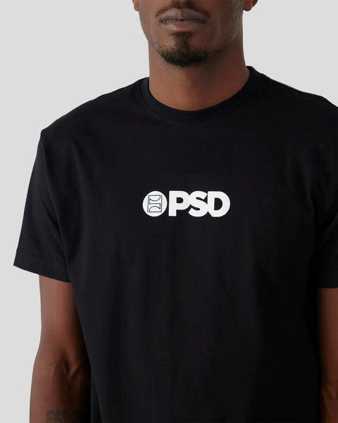 Black crewneck t-shirt with white PSD logo and icon on chest.