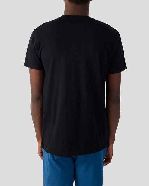 Black short-sleeve t-shirt displayed on model from back view.