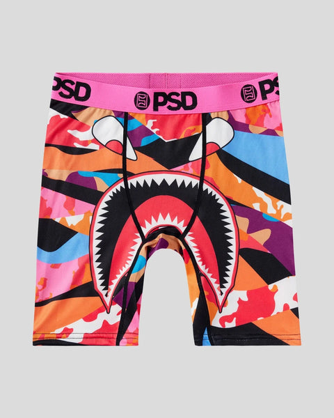 Colorful boxer briefs featuring a large shark mouth design with geometric patterns in pink, orange, blue, and black, pink PSD