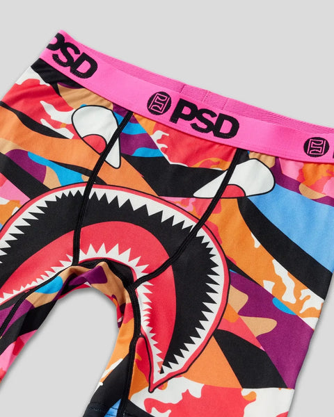 PSD Warface Split Pop underwear with bright pink waistband and colorful abstract graphic design featuring geometric shapes an