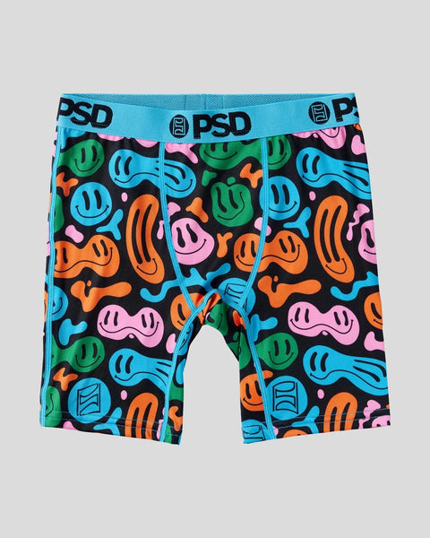 PSD boxer briefs with blue waistband featuring colorful smiley faces and abstract shapes in green, blue, orange, and pink on 