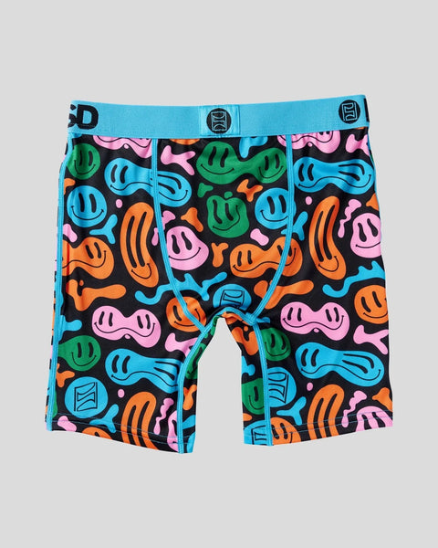 Boxer briefs with blue waistband featuring all-over colorful smiley face and abstract shapes pattern in blue, green, orange, 