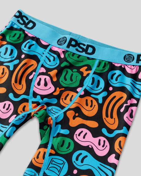 Men's boxer briefs with colorful smiley faces and wavy shapes in blue, green, pink, and orange on black background with blue 