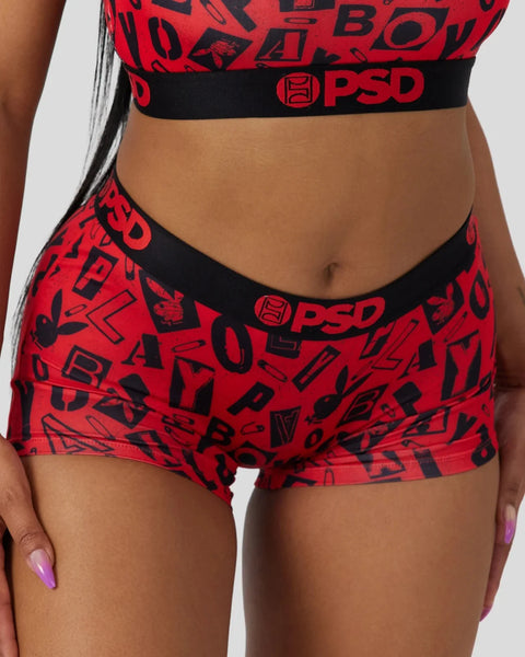 Red and black PSD boxer briefs with Playboy Anarchy all-over print and branded waistband.