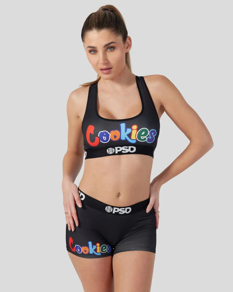 Black sports bra and shorts set with colorful 