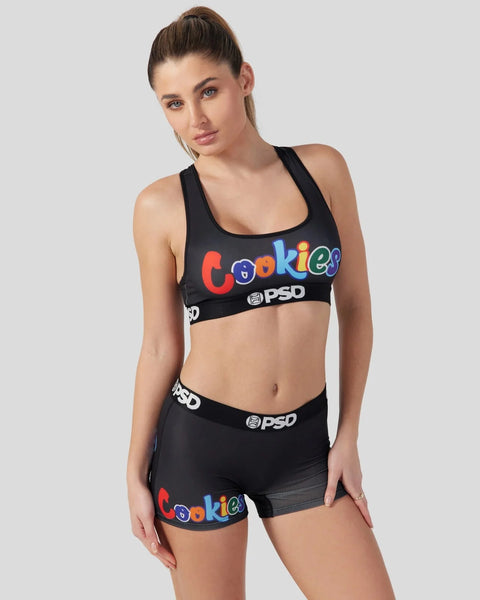Black sports bra and shorts set with colorful 