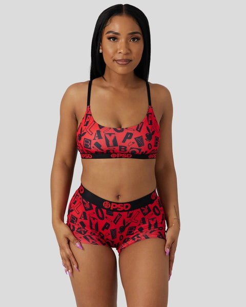 Red and black Playboy Anarchy patterned bralette and shorts set with spaghetti straps and elastic waistband.