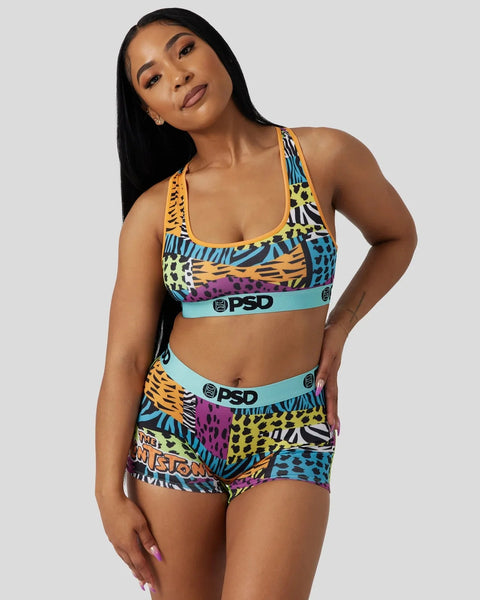 Colorful animal print sports bra and boy short set with blue PSD waistbands and multicolored stripes.