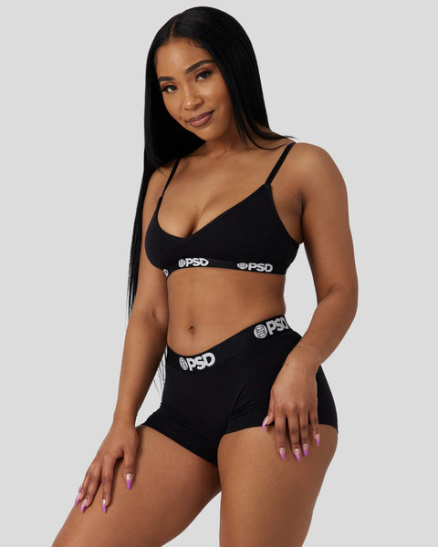 Black modal bra and boy short set with PSD waistband branding.