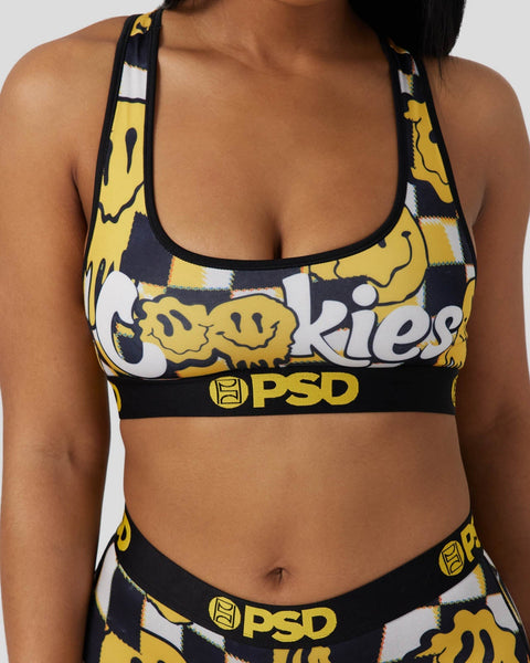 Yellow and navy sports bra with cartoon cookie characters and 