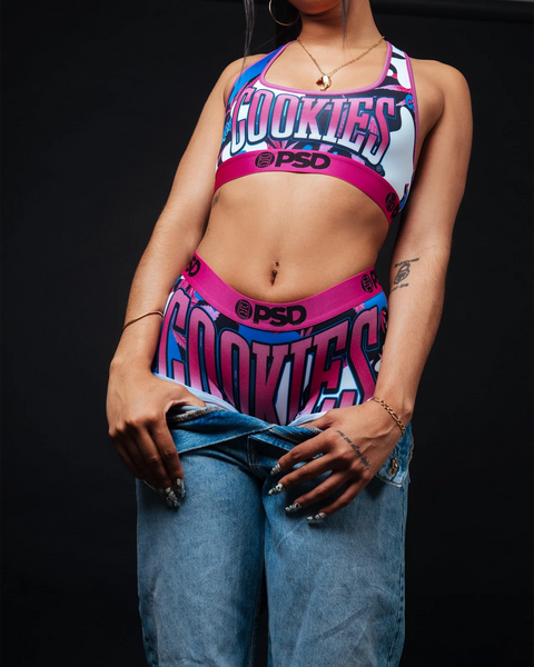 Cookies Camo Pop sports bra and shorts set in pink, blue, and white with 