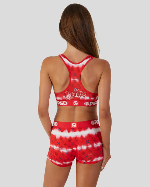 Red and white tie-dye sports bra and shorts set with 
