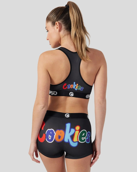 Black sports bra and shorts set with colorful 