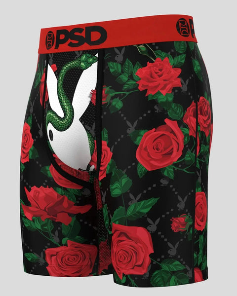 PSD boxer briefs with red waistband, featuring green snake head and red roses on black background.