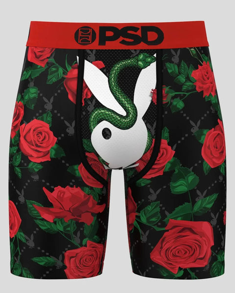 Men's boxer shorts with red rose and green leaf pattern on black background, white and green snake design on front, red PSD w