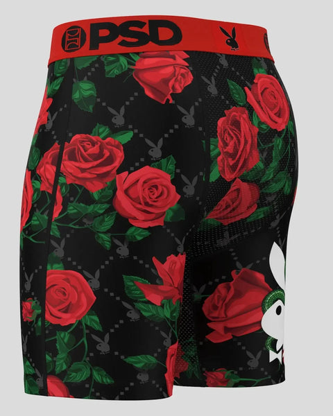 Black shorts with red roses, green leaves, gray bunny logos, and red PSD waistband.