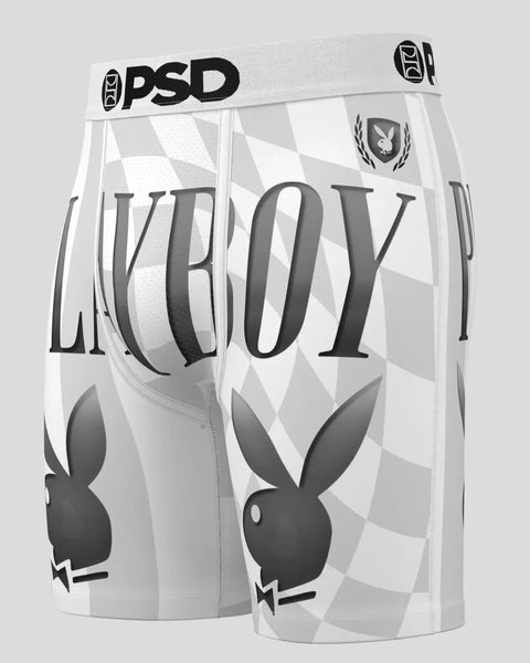 White PSD boxer briefs with gray checkered pattern, 