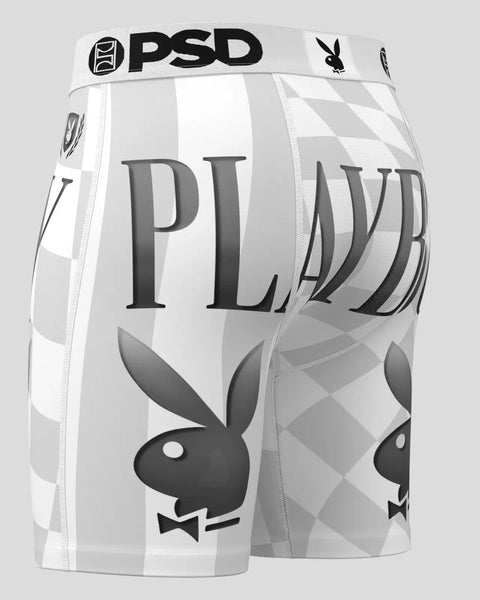 White and gray striped boxer briefs with Playboy bunny logo, PSD and Playboy branding, and diamond pattern design.