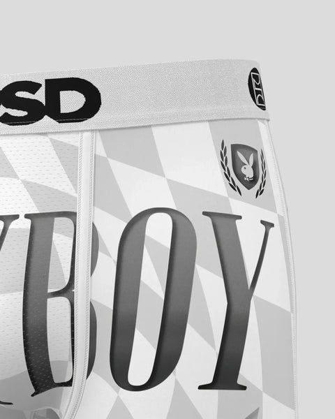 Playboy Champ underwear with gray and white houndstooth pattern and black waistband with branding.
