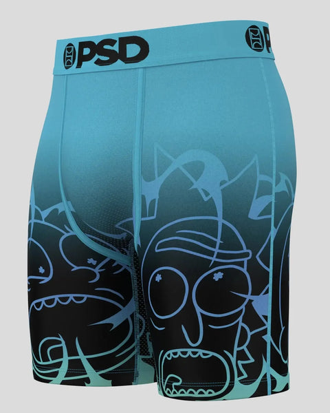 Aqua PSD boxer briefs with Rick and Morty character graphics in blue and black.