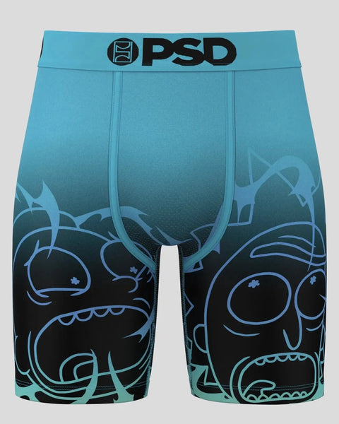 PSD brand aqua boxer briefs with Rick and Morty character faces in black and blue line art on legs.