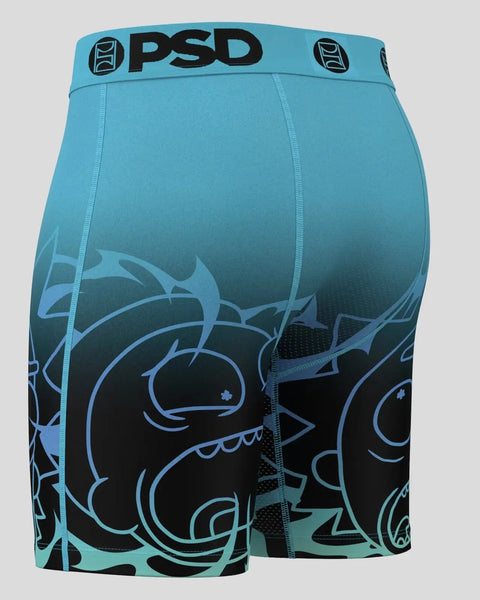 PSD aqua boxer briefs with black Rick and Morty character outlines and blue waistband.