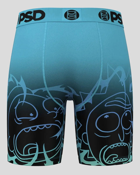 Aqua PSD boxer shorts with Rick and Morty character faces in blue and black on legs, elastic waistband with logo.