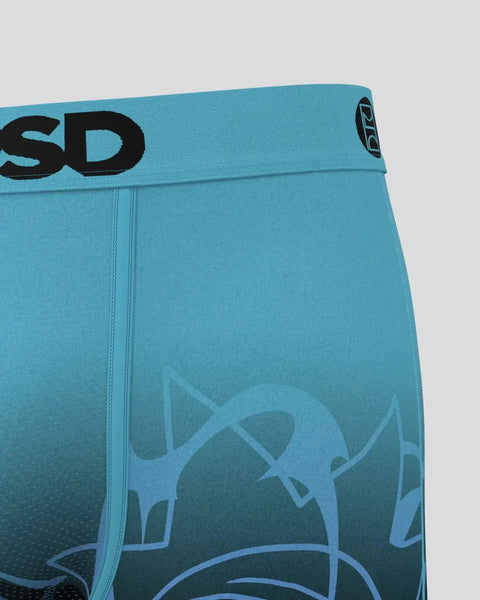 Aqua-colored underwear with black waistband text and character silhouettes printed on the front.