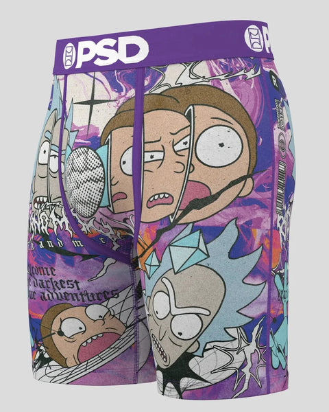 PSD brand boxer shorts with Rick and Morty characters and purple "Void" themed design.