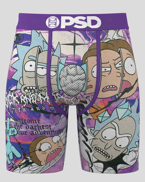 PSD boxer briefs featuring Rick and Morty characters and colorful abstract designs on purple background.