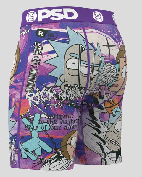 PSD brand purple shorts featuring Rick and Morty characters and abstract void-themed artwork with text graphics.