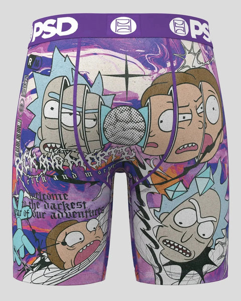 PSD boxer briefs with Rick and Morty cartoon characters and purple void-themed design.
