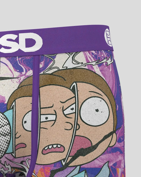 Rick and Morty character with exaggerated facial features on purple waistband underwear with colorful abstract background pri