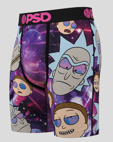 PSD boxer shorts featuring Rick and Morty characters and purple galaxy pattern with black waistband.