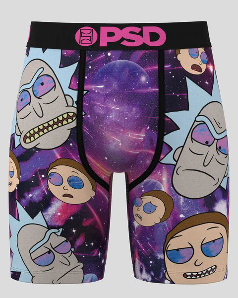 PSD boxer briefs with Rick and Morty characters and galaxy pattern on purple and light blue background.