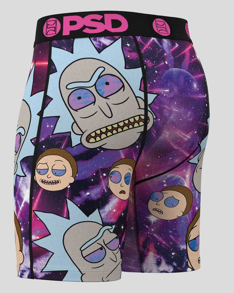 PSD men's boxer briefs featuring Rick and Morty characters on purple galaxy background with black waistband.