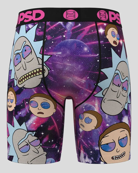 PSD branded shorts with Rick and Morty characters and purple galaxy pattern on black background.