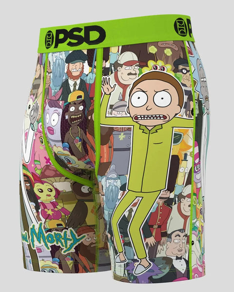 PSD men's boxer shorts featuring Rick and Morty characters and scenes in bright green, pink, and brown colors.